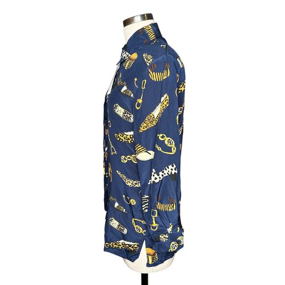 PIANO Vintage Blue Silk Patterned Long Sleeve Blouse Buckle Purse Fashion Small - Picture 2 of 6